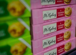 Mr Kipling products stacked on a shelf 