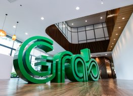 PETALING JAYA, MALAYSIA - APRIL 28, 2019. An e-hailing company logo, Grab display at the main Grab headquarters lobby in Petaling Jaya, Selangor.