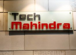 Tech Mahindra logo in corporate office reception area 
