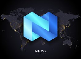 Nexo crypto currency digital payment system blockchain concept. Cryptocurrency isolated on earth night lights world map background. Vector illustration