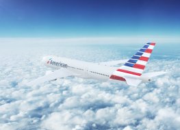NYC, NEW YORK, UNITED STATES - CIRCA 2017: In-flight view of American Airlines Boeing 777 Commercial Passenger Aircraft Flying High Up in the Sky Above the Clouds. 3D Illustration.