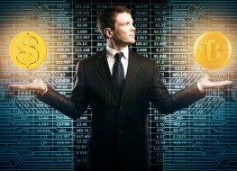 Businessman with glowing dollar and bit coins in hands on abstract circuit background. E-business and choice concept