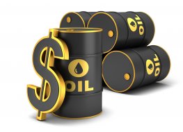 Illustration with mock barrels of crude oil